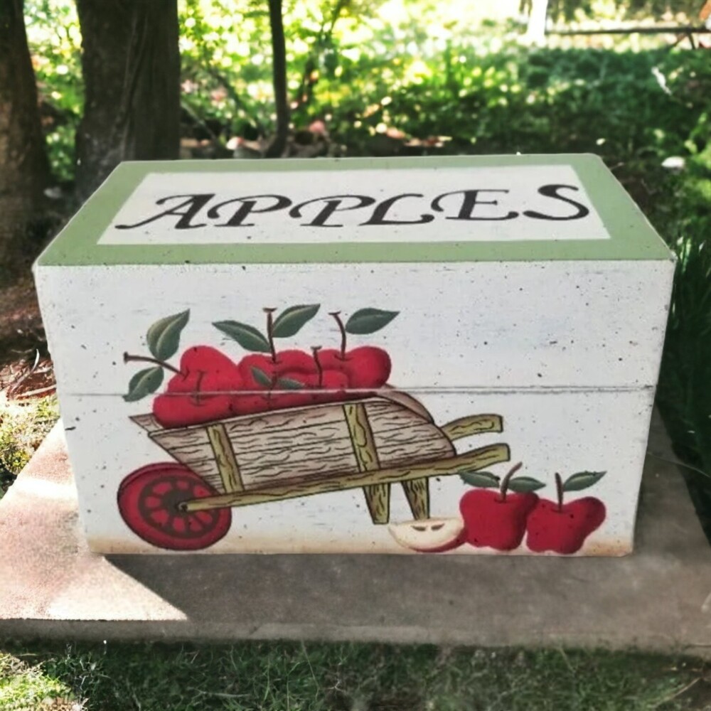 Apples Wooden Cart Recipe Box Chest Container Hinged Lid Decoration
